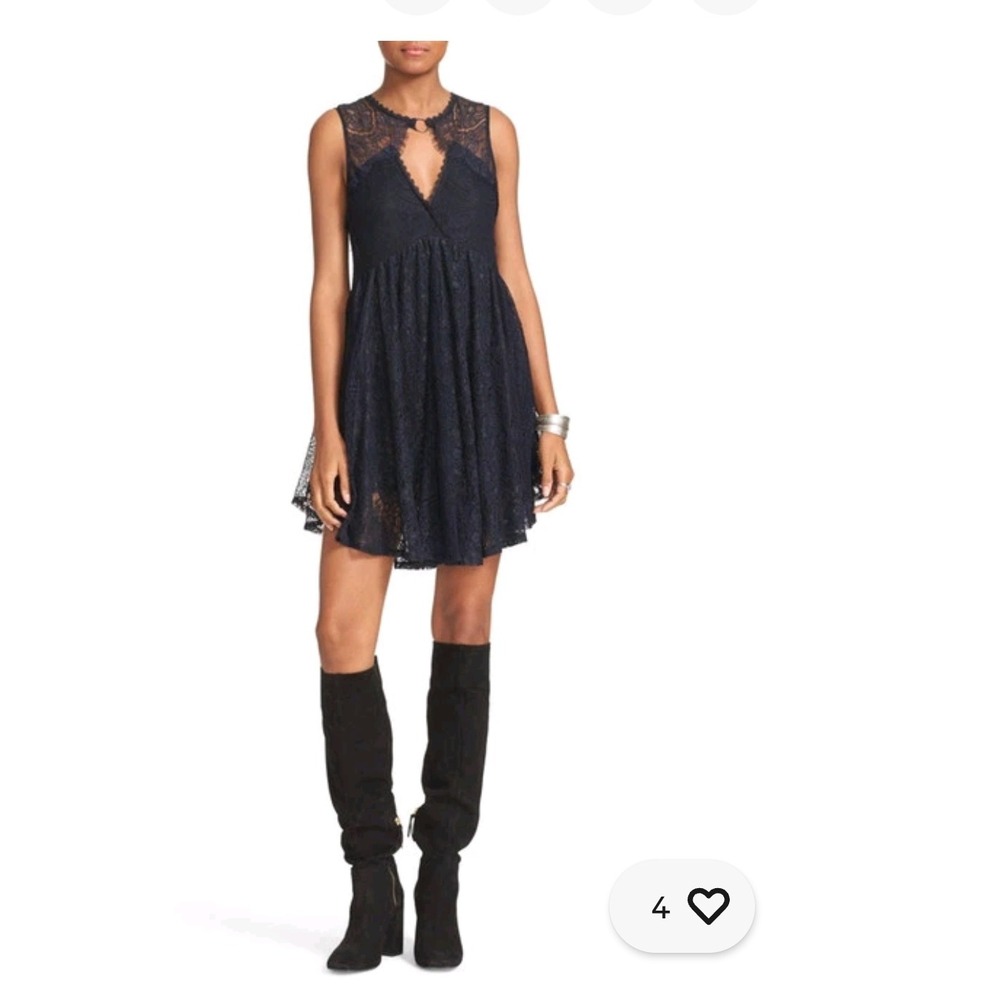 FREE PEOPLE "Don't you dare" Black Lace V Neck Ring Detail Mini Dress‎ XS goth